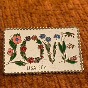 Vintage Enamel 'LOVE' Floral Stamp Pin – White, Green, Pink